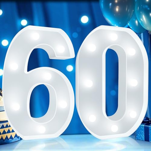 Decorative LED Light Up Numbers, 60th Birthday Decoration for Woman Man, Cool White Marquee Numbers 60 Sign for Her Him Gift Party Backdrop 60th Wedding Anniversary Decor, Number 60