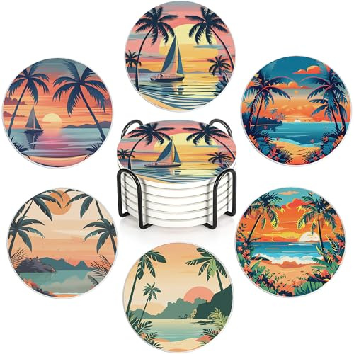 Palm Trees Beach Set of 6 Coasters Absorbent Ceramic Drink Mats with Cork Base & Metal Holder, Spill Protectors for Mugs/Cups, Cheerful Home/Bar Decor