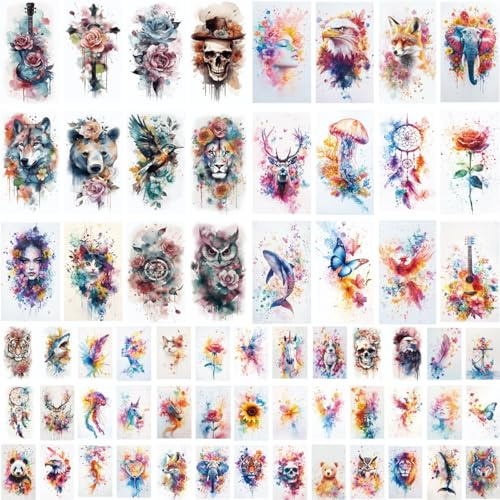 XMASIR 64 vorübergehende Tätowierung Aufkleber Arme Wasserfarbe Falsche Tätowierung Wasserdichte Blumen Tiere 3D realistisch Rosen, Vögel, Flora, Wölfe Schmetterlinge Menschliche Kunst Aufkleber Frau