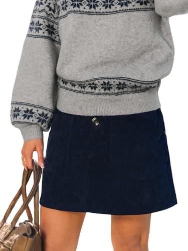 CUPSHE Minifalda de pana, acampanada, cintura alta, botones frontales, falda corta tipo porket para mujer, azul marino, XL