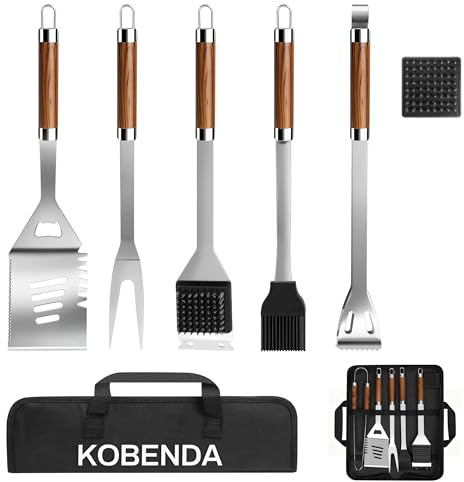 KOBENDA Kit Barbecue Complet 7 Pièces avec Sac de Rangement - Set d'Ustensiles Professionnels en Acier Inoxydable pour Jardin et Campement, Cadeau Homme Idéal, Spatule, Pince, Fourchette et