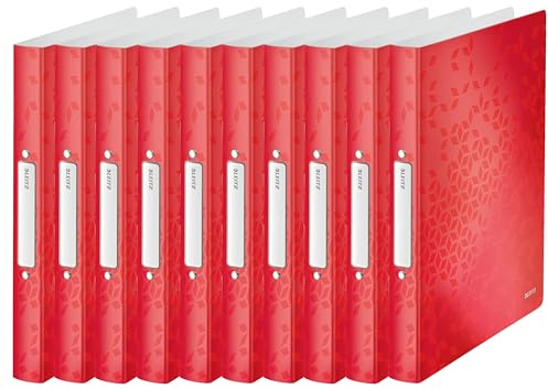 Leitz WOW A4 Ringbuch, 10er Pack, Hochwertige 2 Rund-Ring Mechanik für bis zu 190 Blatt, 32 mm Rückenbreite, Mit Rückenschild, Passend für Prospekthüllen und Register, PP, Rot, 42570026