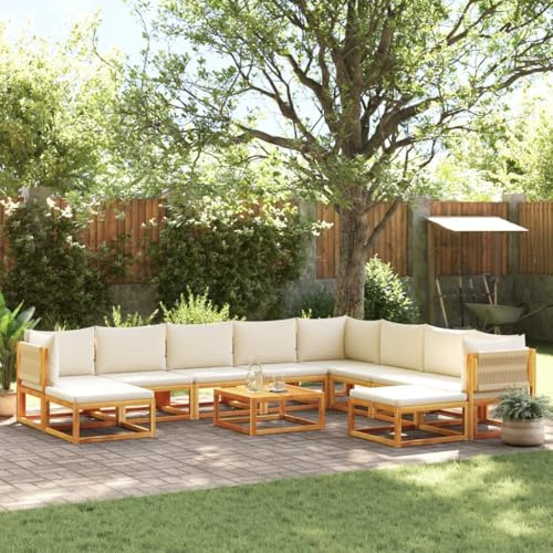 QJBSAVVA 11-TLG Gartensofa Set Akazie Holz Seil Beige 65 cm Gartenlounge Outdoor Eckbank mit abnehmbaren Kissen Modular für Balkon Terrasse Garten