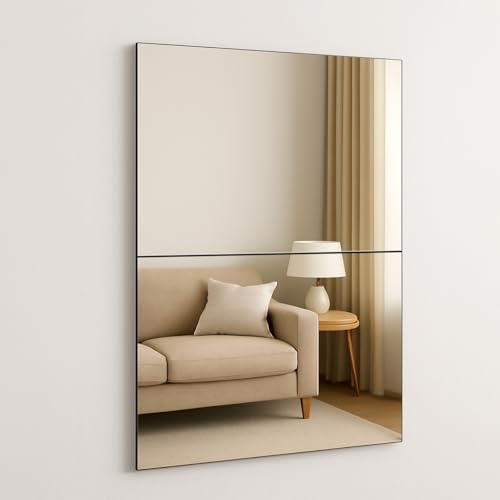 CROWNSHOP 2PC Self Adhesive Glass Mirror Tiles Frameless Wall Decor | 2pcs 40x30cm frameless glass mirror tiles with self-adhesive backing, easy DIY wall decor for bathroom, living room kitchen