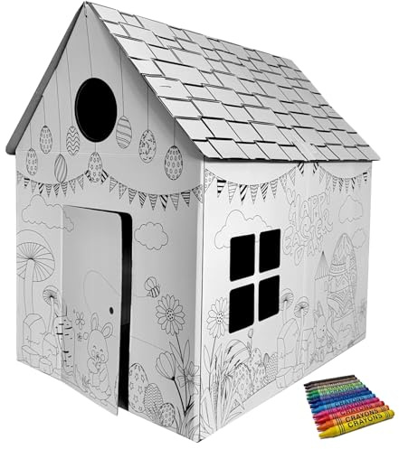 Spielhaus aus Pappe Malhaus Pappspielhaus zum Bemalen und Dekorieren inklusive Stifte Haus Spielzeug Karton 106x84x110cm (Ostern)