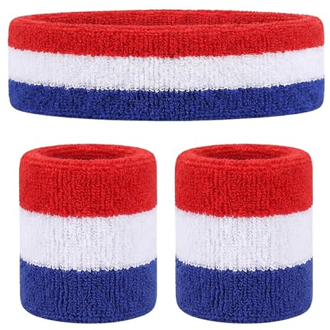 3er Set Schweißband Blau Weiß Rot - 1 Stirnband & 2 Armbänder - Saugfähige Fanartikel für Fußball WM EM Sport & Party - Elastisches Schweißbänder Set für Herren & Damen