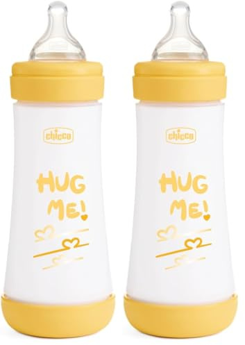 Chicco Perfect 5 Biberones Anticólicos con Tetina de Silicona de Flujo Rápido para Bebés 4 Meses, Biofuncional con Sistema Intuiflow, Color Amarillo, 300 ml (Paquete de 2)
