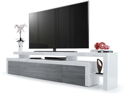 Vladon TV Board Lowboard Leon V3, Made in Germany, Korpus und Überbau in Weiß Hochglanz/Front in Avola-Anthrazit mit Rahmen in Weiß Hochglanz (227 x 52 x 35 cm)