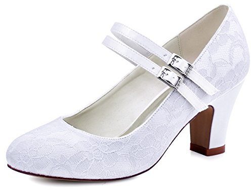 Elegantpark HC1701 Mujer Zapatillas Tacón Alto Mary Jane Hebilla Satén Cordones Zapatos de Boda Blanco EU 38