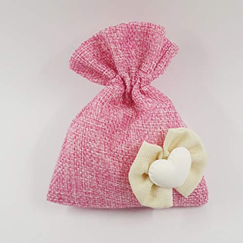 Sindy Bomboniere 24 pz Sacchetto per Confetti in Juta di Colore Rosa Completo di Fiocchetto e gessetto a Forma di cuoricino