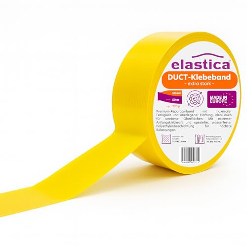 elastica Panzertape Gelb 50mm x 50m - Duct Tape - Gewebeklebeband Reparatur und Versiegelung - Panzerband Extra Stark Wasserfest - Gewebeband für Innen & Außen - hohe Festigkeit (220µm/105N/25mm)