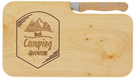 LASERHELD | Brotzeitbrett Holz mit Gravur Real Camping Adventure” & Messer | 26 x 15 cm | Frühstücksbrettchen Holz Schneidebrett Jausenbrett | Geschenk für Camper und Camping