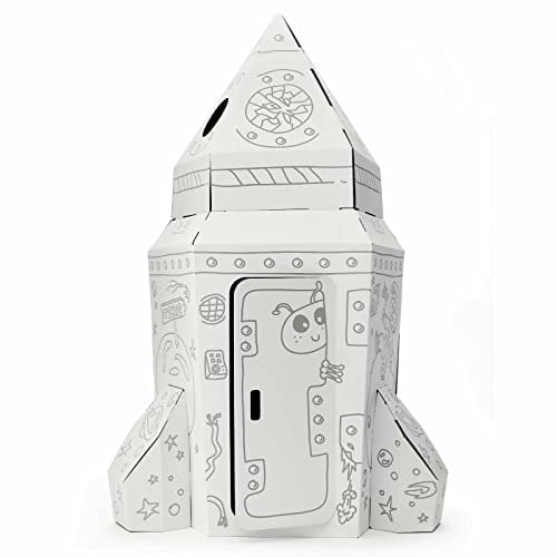 NOVECRAFTO Cardboard Spaceship Rocket Playhouse for Kids to Colour XL – Durable, Creative DIY Coloring Playhouses, Cardboard Space Shuttle Activity House for Indoor Fun, Interactive Craft Toy
