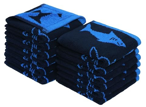 ORIGINAL KIDS Wash Cloth - Bath Time Shark Attack Set of 12 Washcloths - 100% Cotton Jacquard Super Soft Colorful Absorbent Quick Dry Easy Care Face Towel Face Cloth Gift - 12 x 12 - Navy Blue