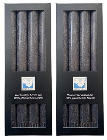 Kerzenfarm Hahn 8 Stearin-Stabkerzen, 8er Set (2x4 STK.), 22 x 250 mm, Anthrazit, pflanzliches Echtwachs, Tafelkerzen