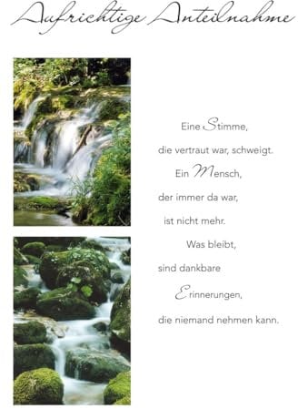 bsb Trauerkarte zur Beerdigung - liebevolle Beileidskarten mit Umschlag - Trauerkarte hochwertig mit Wasserfälle-Motiv - Herzliches Beileid Karte Trauer - Kondolenzkarte in 11,5 x 17,0 cm