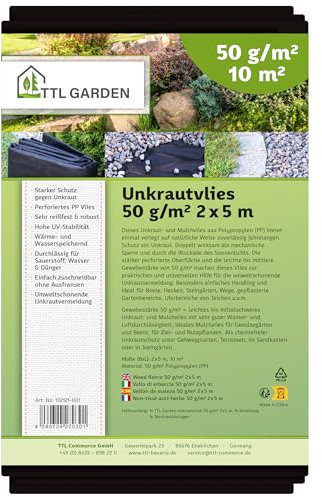 TTL Garden 50g/m² Unkrautvlies 10m² 2m x 5m - sehr wasserdurchlässig 5 x 2 m breit - Gartenvlies reißfest UV-stabil & atmungsaktiv - Garten Unkraut Mulchvlies Vlies Folie gegen Unkraut - schwarz