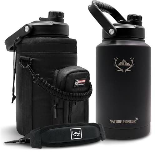 NATURE PIONEOR One Gallon Water Bottle Insulated - Large Double Vacuum Stainless Steel 128 oz Water Bottle with Holder/Carrier, 1 Gallon Water Jug,128oz, Wide Mouth