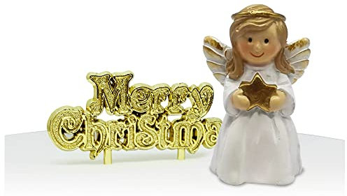 Anniversary House 2pcs Christmas Cake Toppers Set - Nativity Angel Resin Topper & Gold Merry Christmas Motto - Traditional Non-Edible Yule Log Decorations - Festive Bakes Decor