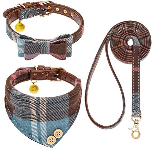 EXPAWLORER Hundehalsband mit Leine - Einstellbarer Hundehalsband mit Tuch Fliege und haltbarer weicher Hundeleine, moderner Halsband und Leine Set für Katze kleine mittelgroße große Hunde, Blau S-M