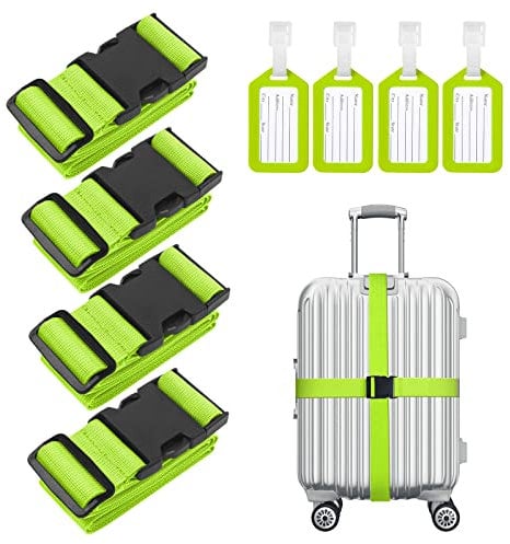 Flintronic 4 Stück Premium Gepäckgurt Koffergurt Kofferband Einstellbare rutschfest Gepäckband Lang kofferbänder Luggage Strap + 2 Stück Kofferanhänger Sicher Reisen für Koffer-Grün