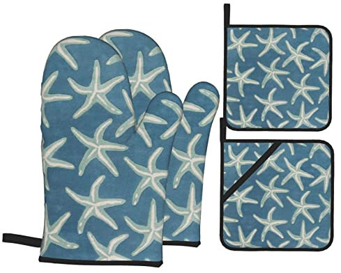 Lot de 4 gants de cuisine et maniques en laine Motif étoile de mer Résistant à la chaleur et imperméable