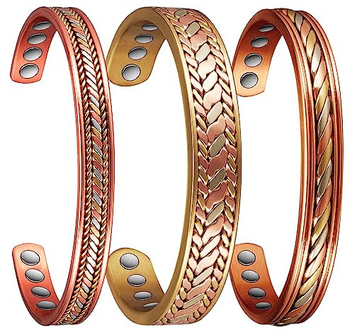 EnerCoppeX Magnetische Armbänder aus reinem Kupfer, 6,5 Zoll (16,5 cm) für Damen, 8 Magnete, kostenlose Einstellung, Geschenkbox enthalten (3er Pack) (D), Taglia unica, Kupfer Edelstahl Silber