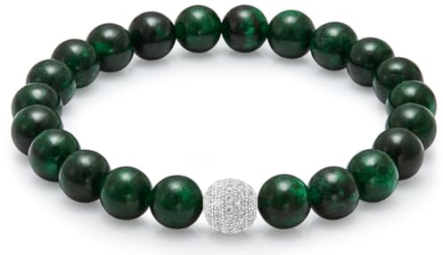 day.berlin Premium Jade Perlenarmband, Damen Naturstein Armband mit echten 8mm Edelsteinen, flexibles Zugband 18cm lang, handgeknüpft mit Pave Zirkonia Perle, versilbert