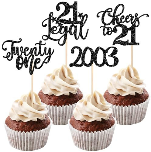 24 Stück 21. Geburtstag Cupcake Toppers Glitter Twenty-one seit 2004 Prost auf 21 Cupcake Picks Hallo 21 Jahre Geburtstagskuchen Dekorationen für glückliche 21 Geburtstag Jubiläum Party Schwarz
