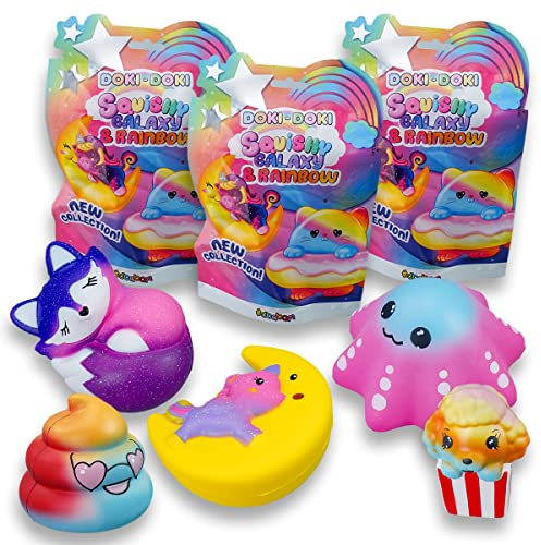 #sbabam Doki Doki Squishy Galaxy and Rainbow, Spielzeug ab 3 Jahre für Kinder, 3er-Pack, Weiches und Farbenfrohes Squishy Spielzeug als Baby Geschenk - Tiere Figuren wie Einhorn, Fuchs und Andere