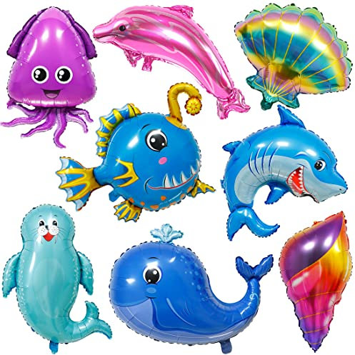 Huaxintoys Meerestiere Folienballons, 8 Stück Geburtstagsdeko Meer Thema Folienballons, Meerestiere Cartoon Folienballon, Kinder Geburtstag Jubiläum Ozean Thema Party Dekoration Folienballon