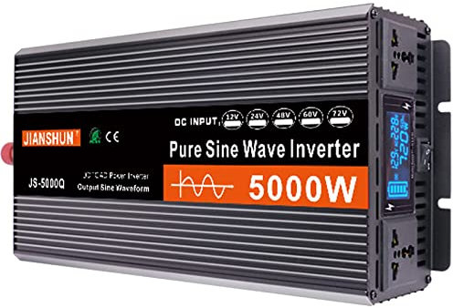 BONAD Inversor 3000W 4000W 5000W 6000W Inversor Onda Pura 12V/24V/48V/60V DC to 220V AC para camion Transformador con convertidor energia para Placa Solar,5000W-24V