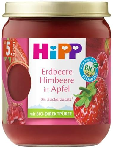 HiPP Bio Erdbeere Himbeere in Apfel (6 x 160g), Babygläschen ab 5. Monat, ohne Zuckerzusatz, mit intensivem Fruchtgeschmack dank Direktpüree und schonender Verarbeitung