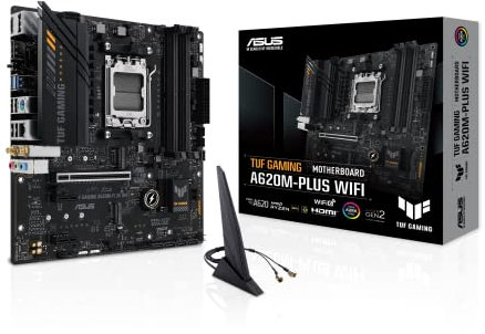ASUS TUF Gaming A620M-PLUS(WiFi) AMD AM5 (Ryzen 7000) microATX Gaming Motherboard(DDR5,PCIe 4.0,2xM.2 Slots,2.5Gb LAN,Wi-Fi6,2xDisplayPort,HDMI,Front USB 3.2 Gen 1 Type-C,BIOS Flashback,M.2 Q-Latch)