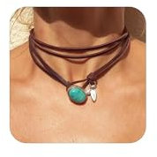 HUASAI Boho Necklaces for Women Brown Suede Choker Necklace for Women Trendy Boho Layered Leather Necklace Western Turquoise Necklace Boho Jewelry Western Outfit for Women