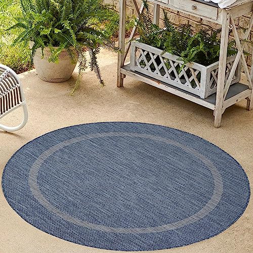HomebyHome Tapis d'intérieur et d'extérieur lavable, résistant aux intempéries, 200 cm, rond, bleu, pour balcon, cuisine, 200 cm, bordure ronde, design de camping, jardin, terrasse