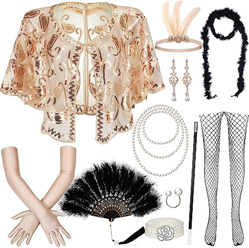 BBTO 11 Stück 1920er Jahre Zubehör Flapper Accessoires Set für Damen Paillette Umhang Feder Stirnband Fächer Schal Perlen Halskette Ohrring Armband Ringe 20er Verkleidungen Kostüm (Champagner)