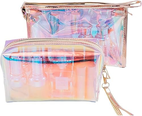 Norhogo 2 Stücke Kosmetiktasche Laser Holographische Make-Up Tasche, Mäppchen Schminktasche Wasserdicht Reißverschluss Storage Bag Frauen, für Arbeit, Studium, Hause oder Reisen Groß + Klein