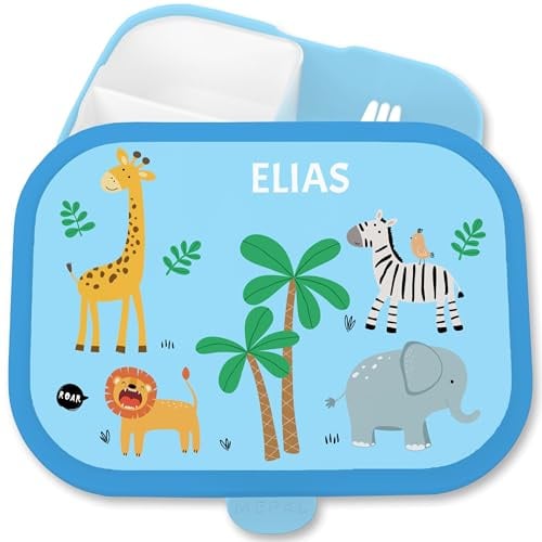 Shirtracer Mepal Brotdose Kinder personalisiert Safari Zoo Tiere Name | Blau, 750 ml, mit Fächern, Schule, Campus, spülmaschinenfest, Kindergarten, Einschulung, Savanne, Afrika