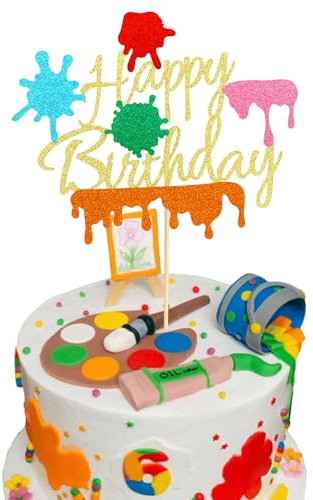 Arthsdite 1Pc Painting Cake Topper Painter Art Themed Slime Happy Birthday Cake Decoration for Gils Boys Birthday Bday Party Supplies - Gold Glitter
