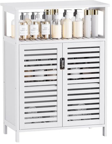 HITNET Mueble de Baño con Puertas, Organizador de Almacenamiento Lateral Independiente de Bambú, Armario de Cocina Pequeño Que Ahorra Espacio, 4 Niveles Estantes Abiertos, Blanco