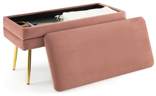COSTWAY Storage Ottoman with Removable Top, Velvet Upholstered Storage Bench with Compartment & Gold Metal Legs, Modern Rectangular Footstool for Bedroom Living Room (Pink)