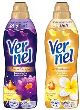 VERNEL Weichspüler-Set 2x 37 Waschladungen (74WL) Aromatherapie 1x Traumhafte Lotusblüte & 1x Sinnliche Frangipani, langanhaltender Wäscheduft mit ätherischen Ölen für 24/7 Frische