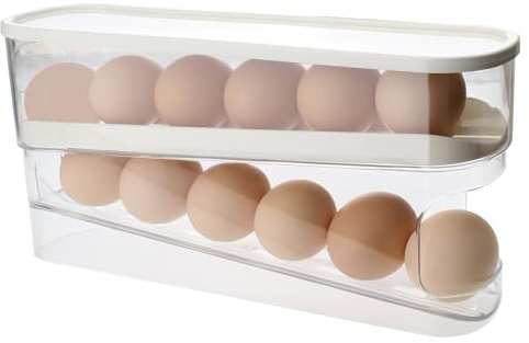 OKVGO Egg Holder for Refrigerator, Automatically Rolling 2 Tier Egg Dispenser Storage Tray Container Rack for Kitchen Fridge Countertop