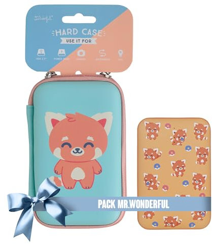 WONDEE Mr. Wonderful Geschenk-Set, tragbar, 10.000 mAh + Tecnologische Schutzhülle mit rotem Panda-Design, externer Akku, 10.000 mAh, lustig, mit 3 Anschlüssen [2USB und 1 USB C]
