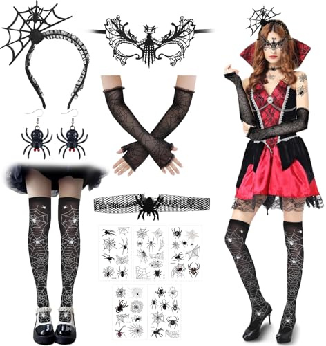 Halloween Spinnenkostüm 14 Stück, Halloween Karneval Spinne Accessoires | mit Spinnennetz Strumpfhose, Damen Fingerlose Handschuhe Spitze, Haarreifen Spinne, Spinnen Maske, Ohrringe