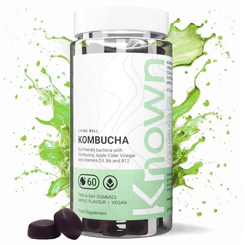 Gummies Délicieux Kombucha Known – Vinaigre de Cidre, Bactéries Amies de l’Intestin & Vitamines B – Saveur Pomme – 60 Gummies Vegan, 1 Mois