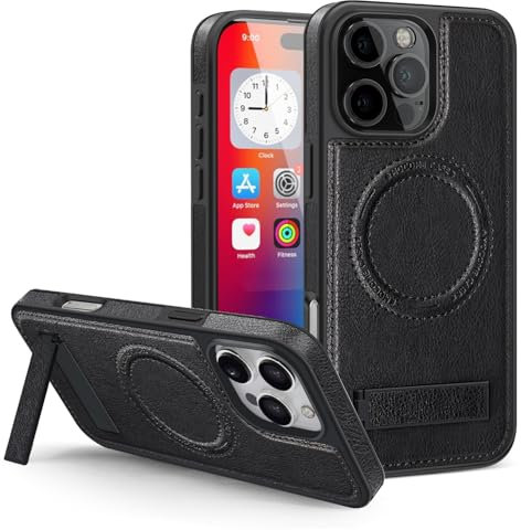 Remterad für iPhone 16 Promax Hülle, Ledertasche, unterstützt kabelloses mag-Safe Laden, Phone Case mit unsichtbarem Ständer, weiche Silikon-Seiten-etui, fallfeste Tasche, Schwarz.