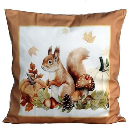 Raebel OHG Tischdecke Mitteldecke Tischläufer Kissen Herbst Druckdesign Eichhörnchen mit Herbstfrüchten Terracotta bunt (Kissenhülle 40 x 40 cm)