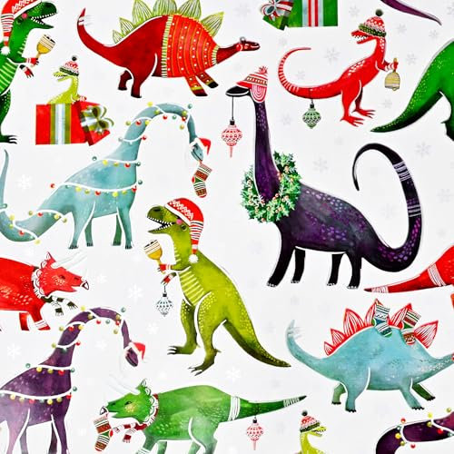 Star Rouleau de Papier Cadeau de Noël - 70 cm x 2 m - Dinosaures - Avec Motif - Pour Enfants, Filles, Garçons - Blanc Multicolore